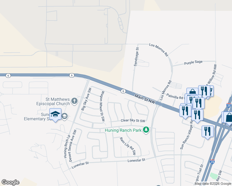 map of restaurants, bars, coffee shops, grocery stores, and more near 107 Big Sky Avenue Southwest in Los Lunas