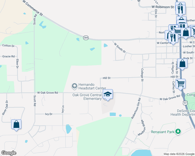 map of restaurants, bars, coffee shops, grocery stores, and more near 1038 West Oak Grove Road in Hernando