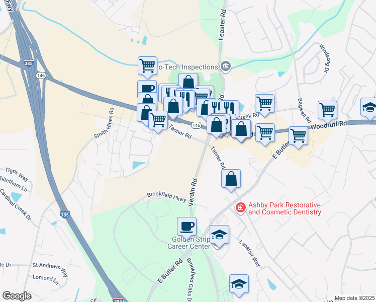 map of restaurants, bars, coffee shops, grocery stores, and more near 50 Tanner Road in Greenville