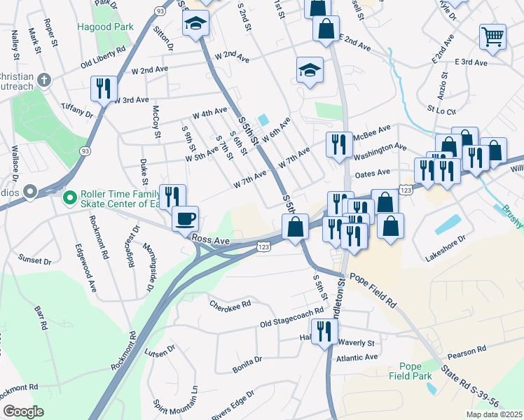 map of restaurants, bars, coffee shops, grocery stores, and more near 314 South 7th Street in Easley