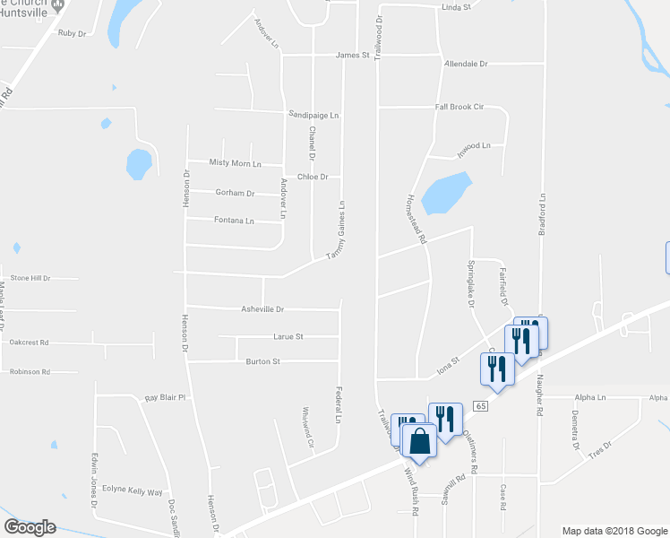 map of restaurants, bars, coffee shops, grocery stores, and more near 157 Tammy Gaines Lane in Huntsville