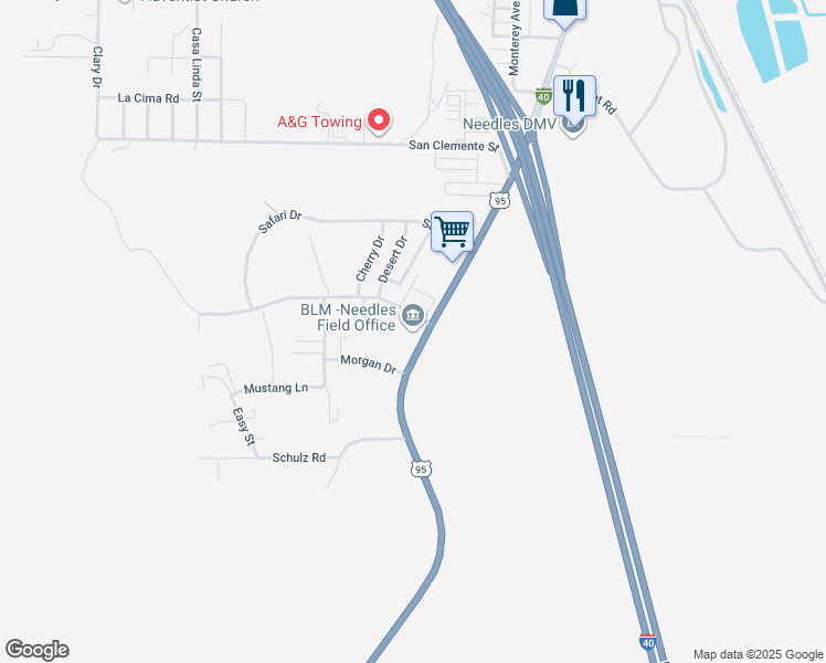 map of restaurants, bars, coffee shops, grocery stores, and more near 1303 U.S. 95 in Needles