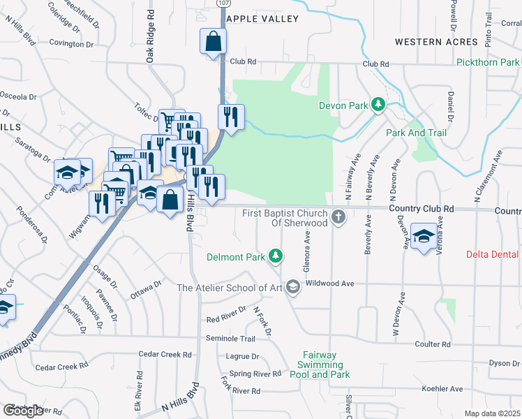map of restaurants, bars, coffee shops, grocery stores, and more near 401 Country Club Road in Sherwood