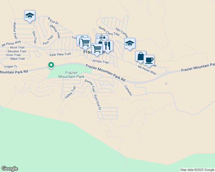 map of restaurants, bars, coffee shops, grocery stores, and more near 3442 Minnesota Trail in Frazier Park