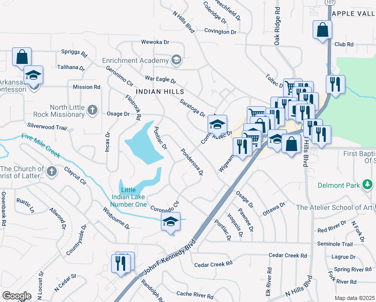 map of restaurants, bars, coffee shops, grocery stores, and more near 6901 Ponderosa Drive in North Little Rock