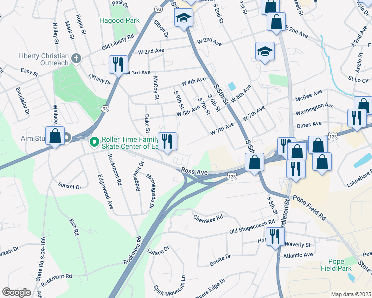 map of restaurants, bars, coffee shops, grocery stores, and more near 817 West 7th Avenue in Easley