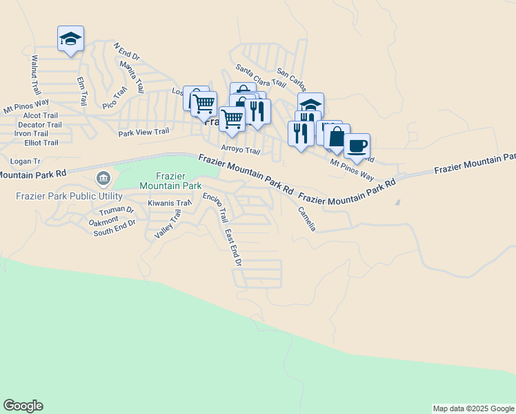 map of restaurants, bars, coffee shops, grocery stores, and more near 3442 Minnesota Trail in Frazier Park
