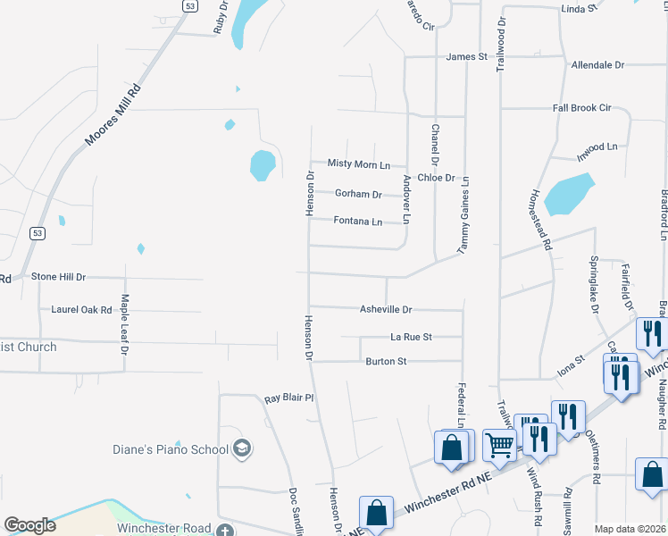 map of restaurants, bars, coffee shops, grocery stores, and more near 185 Tammy Gaines Lane in Huntsville