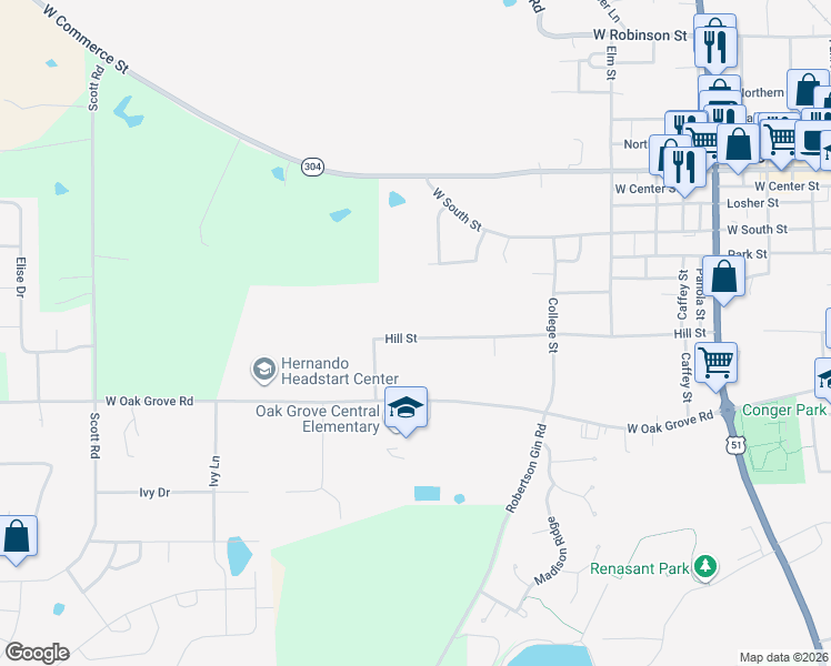 map of restaurants, bars, coffee shops, grocery stores, and more near 936 Hill Street in Hernando