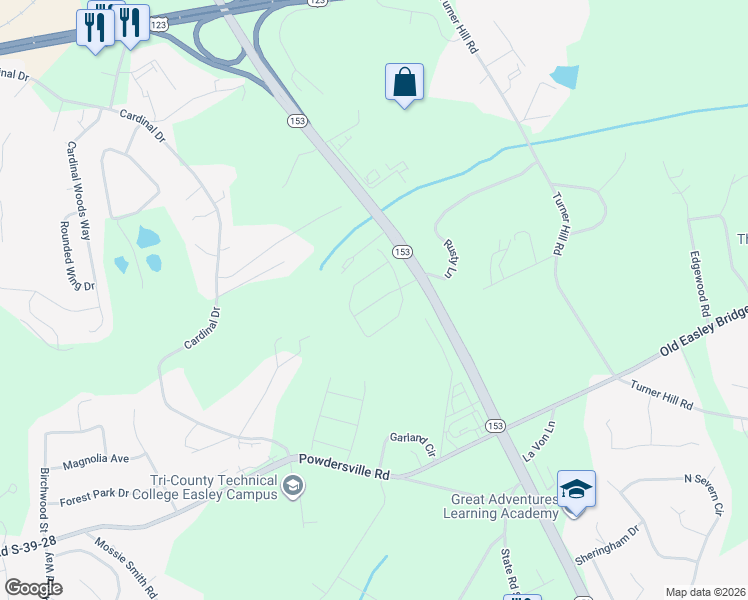 map of restaurants, bars, coffee shops, grocery stores, and more near 933 Cardinal Drive in Easley