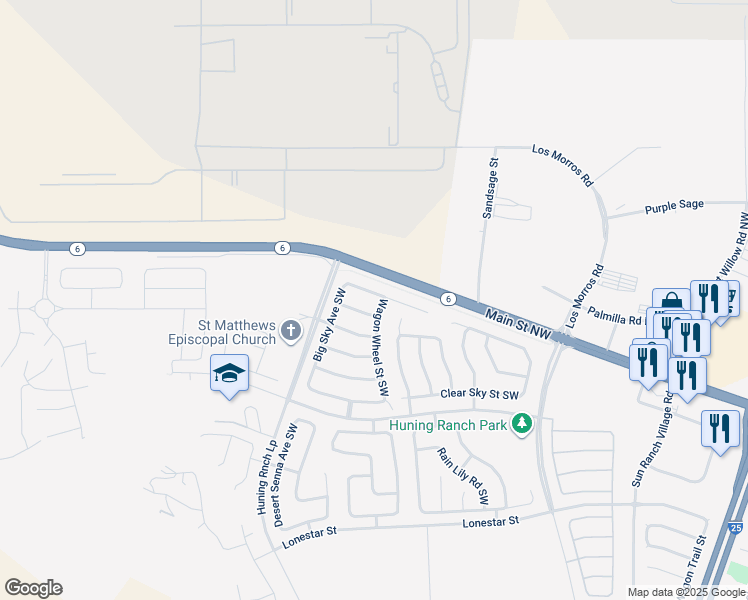 map of restaurants, bars, coffee shops, grocery stores, and more near 148 Big Sky Avenue Southwest in Los Lunas