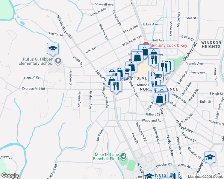 map of restaurants, bars, coffee shops, grocery stores, and more near 1200-1298 N Pine St in Florence