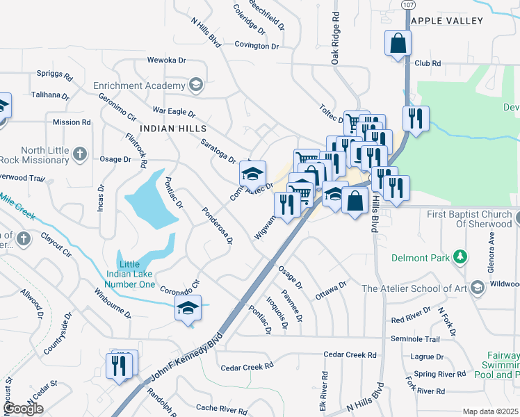 map of restaurants, bars, coffee shops, grocery stores, and more near 6800 Indian Hills Drive in North Little Rock
