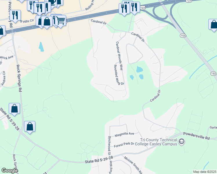 map of restaurants, bars, coffee shops, grocery stores, and more near 139 Fledgling Way in Easley