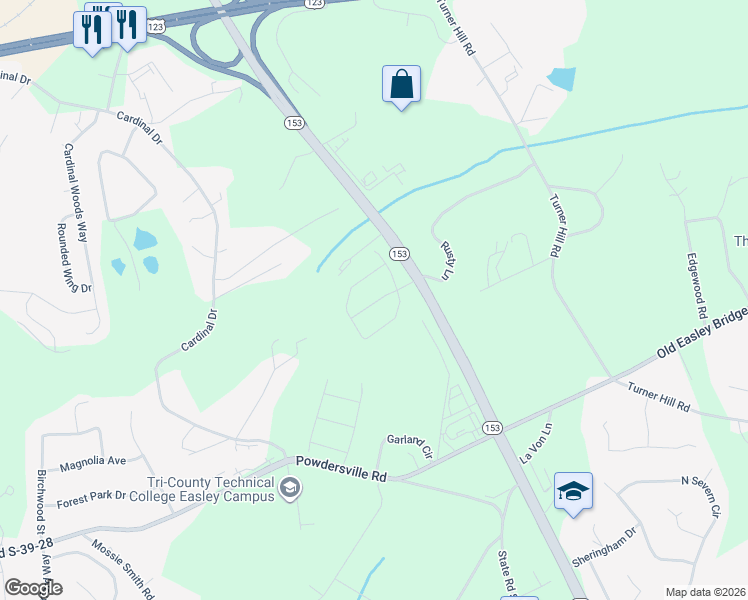 map of restaurants, bars, coffee shops, grocery stores, and more near 933 Cardinal Drive in Easley