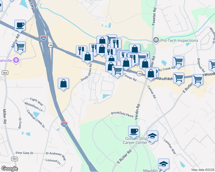 map of restaurants, bars, coffee shops, grocery stores, and more near 242 Louisville Drive in Greenville