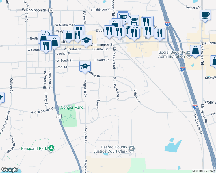 map of restaurants, bars, coffee shops, grocery stores, and more near 389 Labauve Street in Hernando