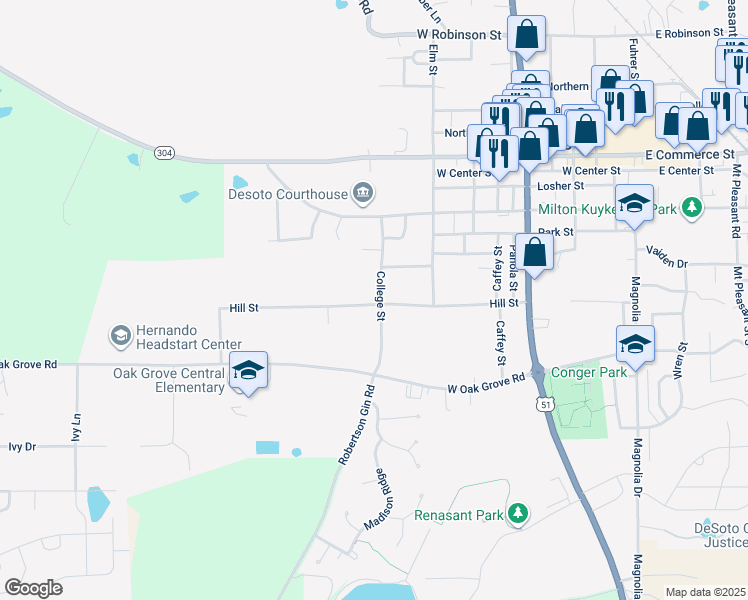 map of restaurants, bars, coffee shops, grocery stores, and more near 644 Hill Street in Hernando