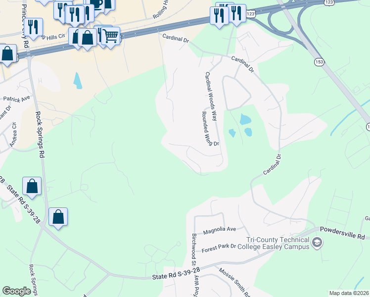 map of restaurants, bars, coffee shops, grocery stores, and more near 110 Wood Hopper Court in Easley