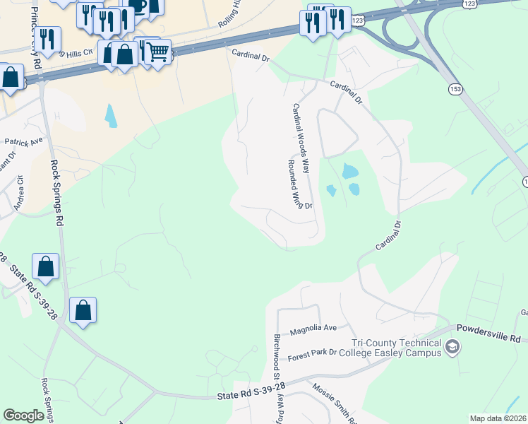 map of restaurants, bars, coffee shops, grocery stores, and more near 203 Fledgling Way in Easley