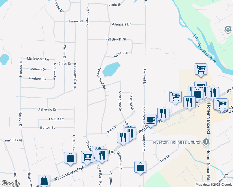 map of restaurants, bars, coffee shops, grocery stores, and more near 6106 Springlake Drive in Huntsville
