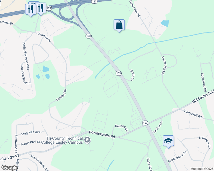 map of restaurants, bars, coffee shops, grocery stores, and more near 933 Cardinal Drive in Easley