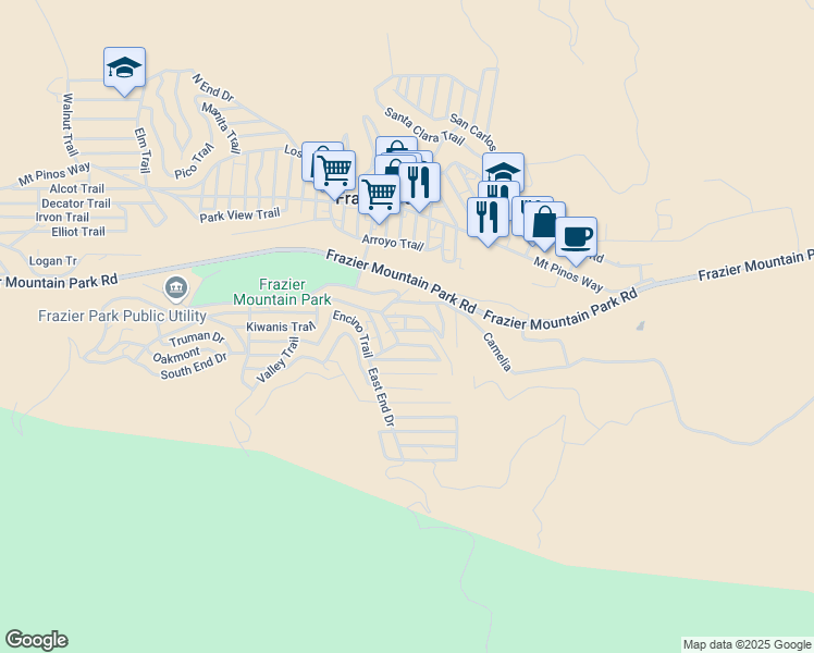 map of restaurants, bars, coffee shops, grocery stores, and more near 3509 Minnesota Trail in Frazier Park