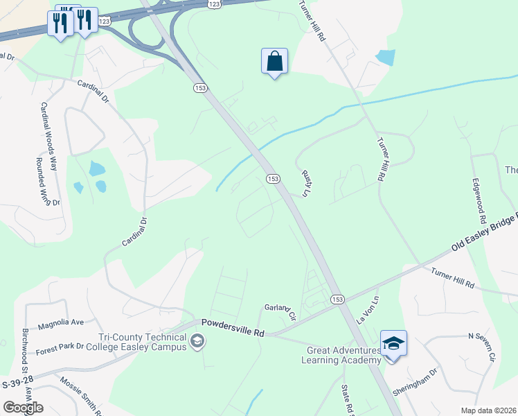 map of restaurants, bars, coffee shops, grocery stores, and more near 933 Cardinal Drive in Easley