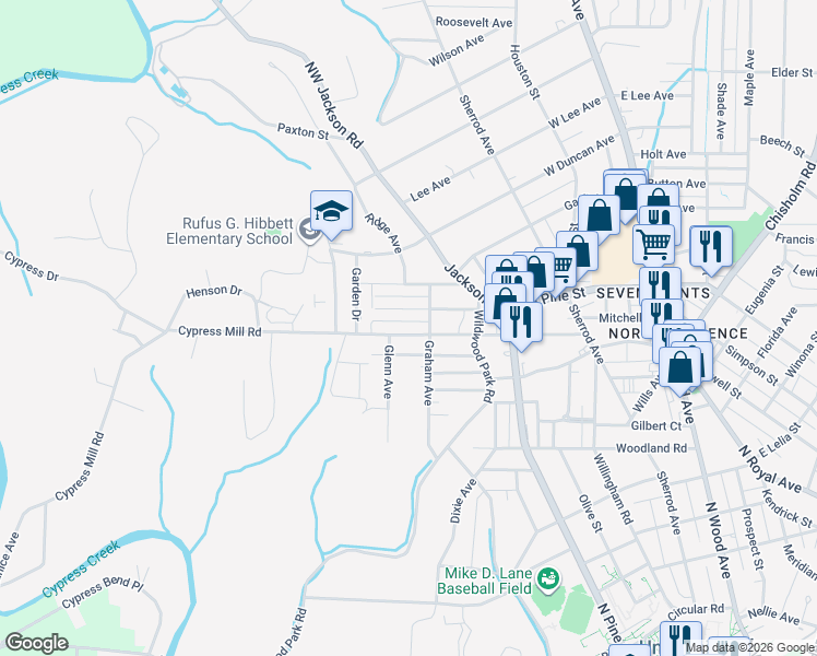 map of restaurants, bars, coffee shops, grocery stores, and more near 531 Cypress Mill Road in Florence