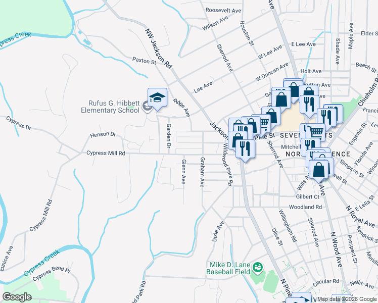 map of restaurants, bars, coffee shops, grocery stores, and more near 531 Cypress Mill Road in Florence