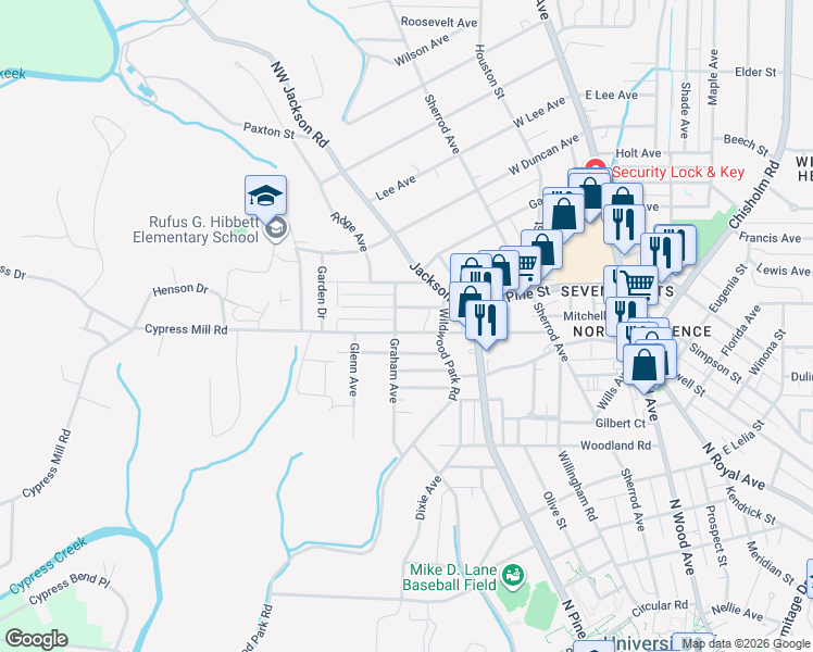 map of restaurants, bars, coffee shops, grocery stores, and more near 431 Cypress Mill Road in Florence