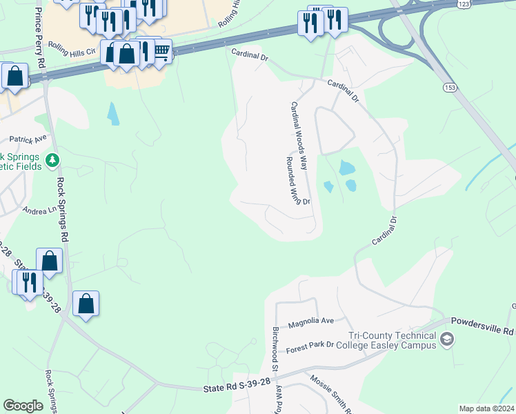 map of restaurants, bars, coffee shops, grocery stores, and more near 207 Fledgling Way in Easley