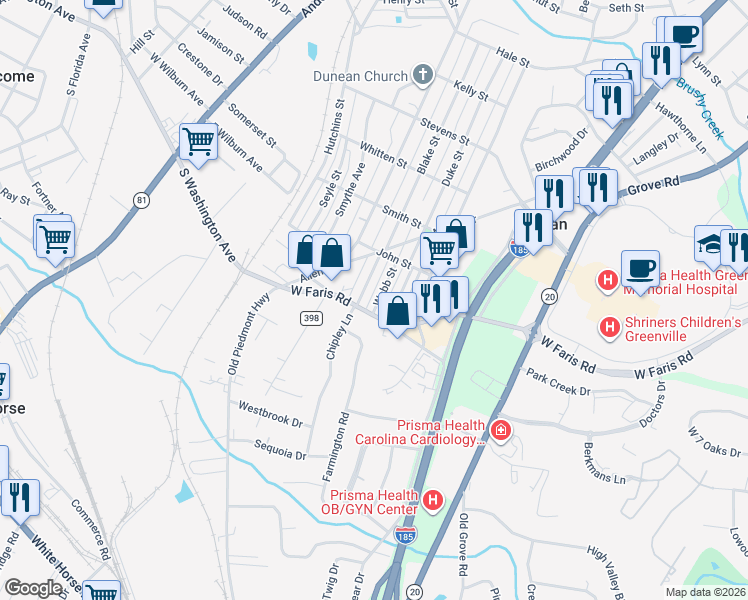 map of restaurants, bars, coffee shops, grocery stores, and more near 1309 West Faris Road in Greenville