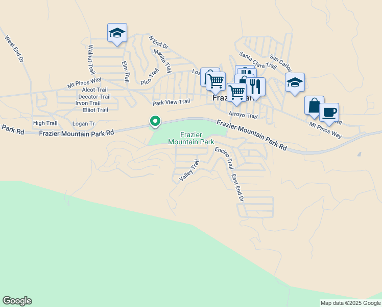 map of restaurants, bars, coffee shops, grocery stores, and more near 345 Valley Trail in Frazier Park
