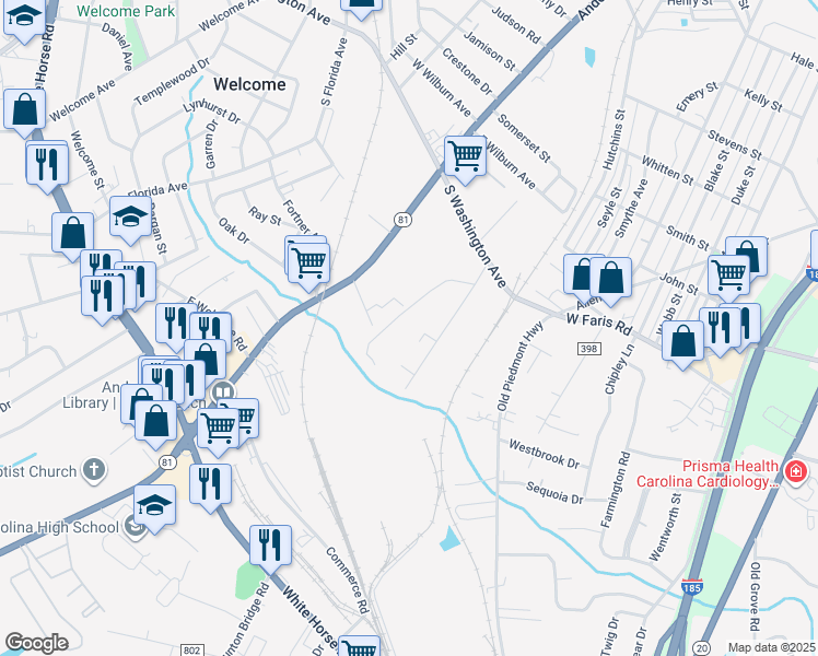 map of restaurants, bars, coffee shops, grocery stores, and more near 130 Prospect Street in Greenville