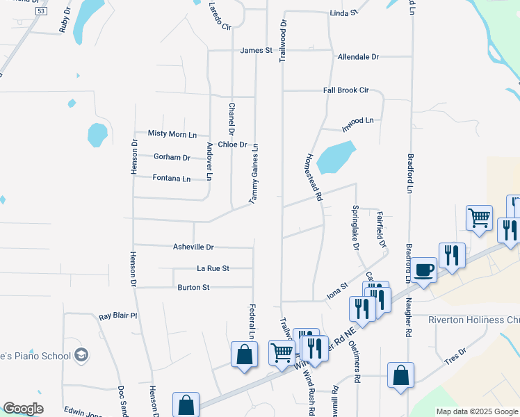 map of restaurants, bars, coffee shops, grocery stores, and more near 215 Federal Lane in Huntsville