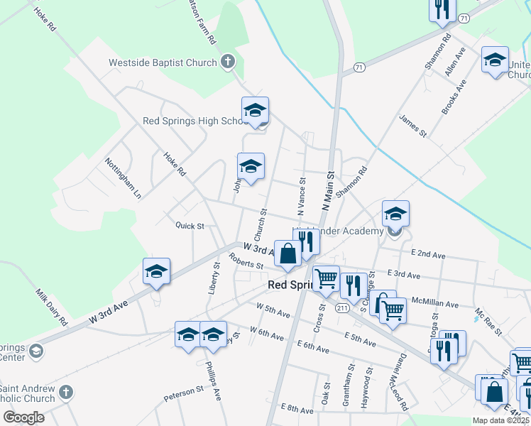map of restaurants, bars, coffee shops, grocery stores, and more near 302 West 2nd Avenue in Red Springs