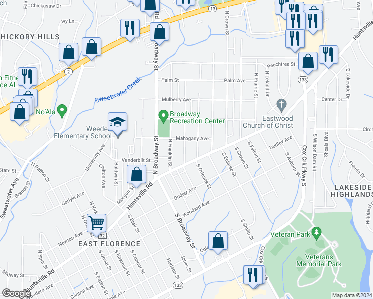 map of restaurants, bars, coffee shops, grocery stores, and more near 124 North Weakley Street in Florence