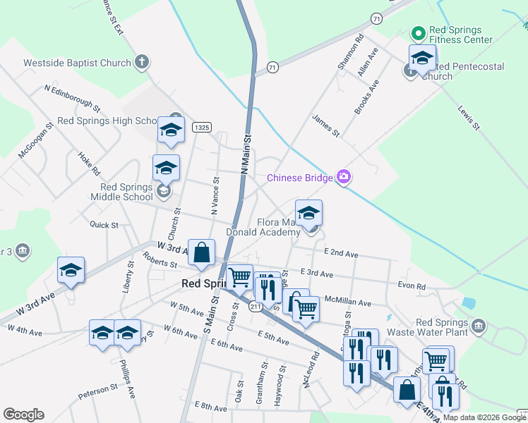 map of restaurants, bars, coffee shops, grocery stores, and more near 221 East 2nd Avenue in Red Springs