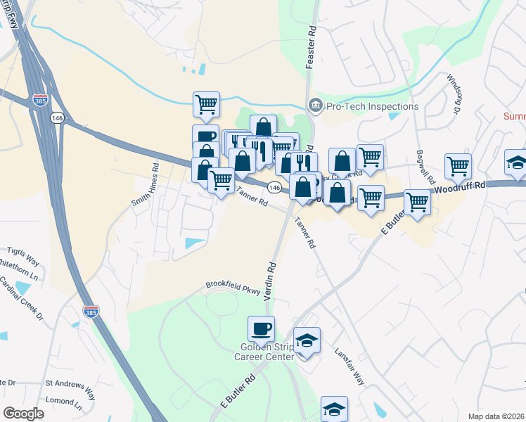 map of restaurants, bars, coffee shops, grocery stores, and more near 1536 Woodruff Road in Greenville