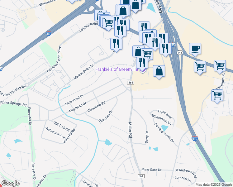 map of restaurants, bars, coffee shops, grocery stores, and more near 516 Mapleton Drive in Greenville