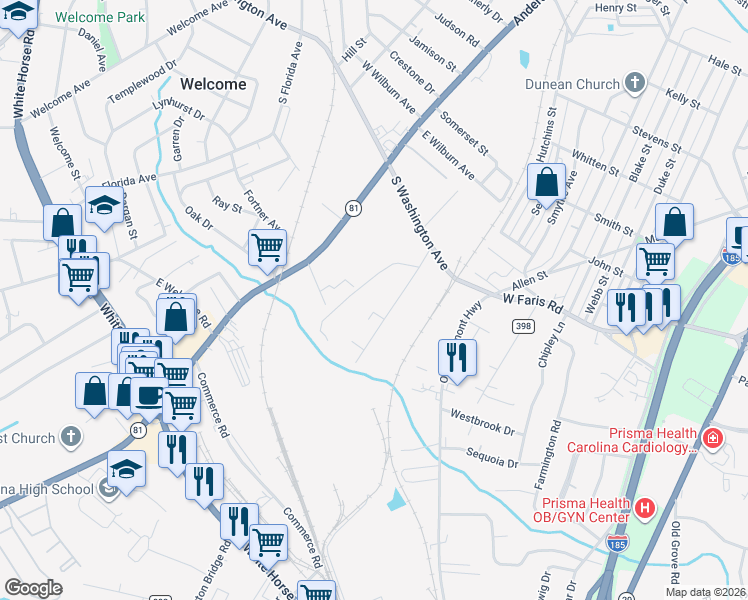 map of restaurants, bars, coffee shops, grocery stores, and more near 11 Zet Court in Greenville