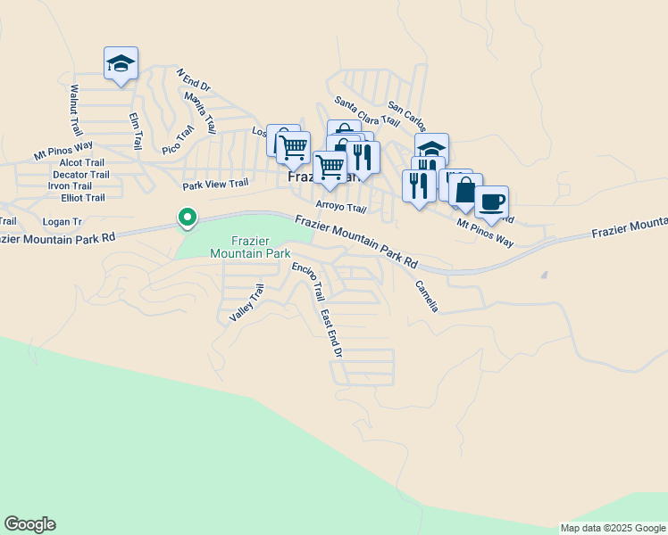 map of restaurants, bars, coffee shops, grocery stores, and more near Iowa Trail in Frazier Park