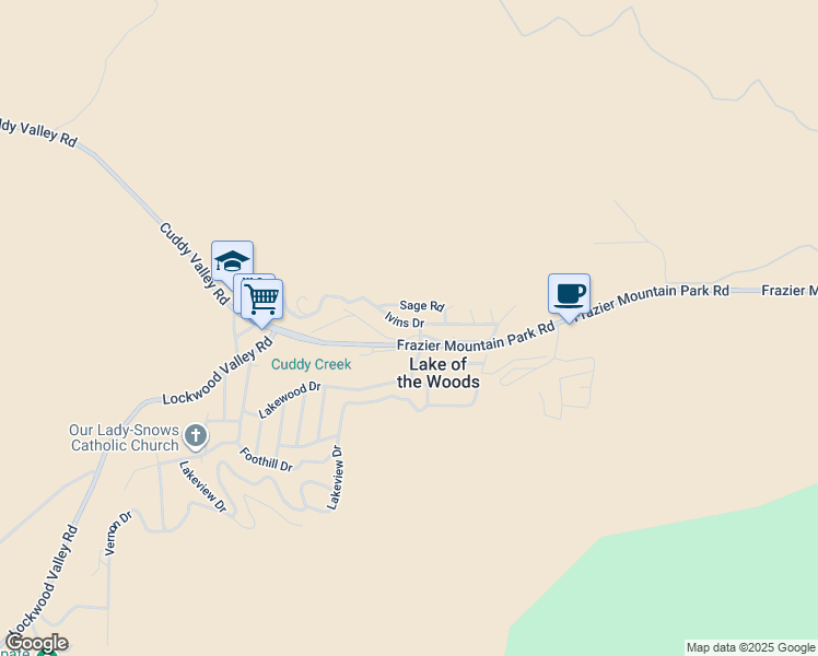 map of restaurants, bars, coffee shops, grocery stores, and more near 6620 Ivins Drive in Frazier Park