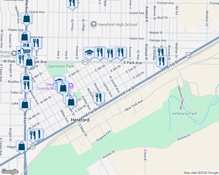 map of restaurants, bars, coffee shops, grocery stores, and more near 201-299 N Jowell Ave in Hereford