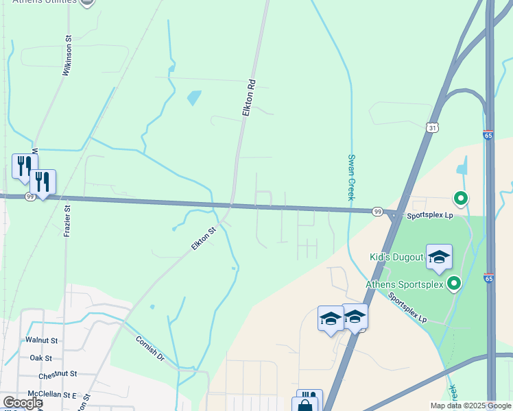 map of restaurants, bars, coffee shops, grocery stores, and more near 1399 East Elm Street in Athens