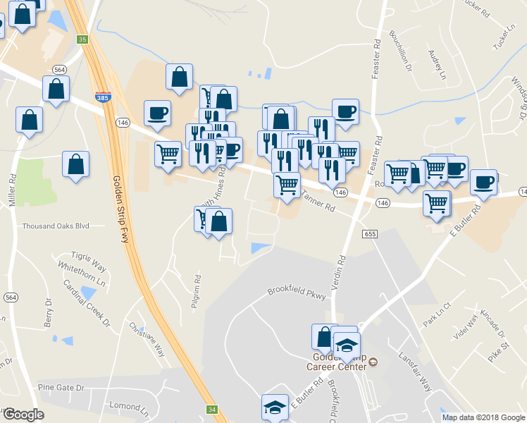map of restaurants, bars, coffee shops, grocery stores, and more near 211 Louisville Drive in Greenville