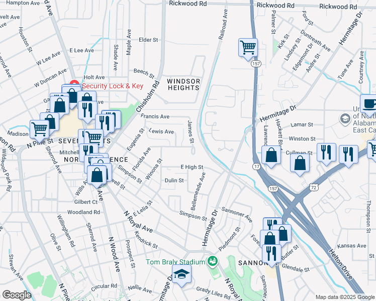 map of restaurants, bars, coffee shops, grocery stores, and more near 1306 James Street in Florence