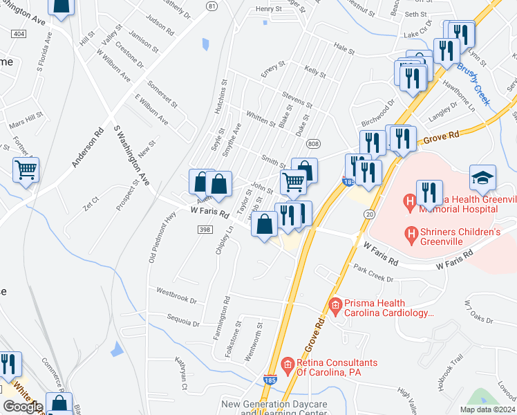 map of restaurants, bars, coffee shops, grocery stores, and more near 8 Webb Street in Greenville