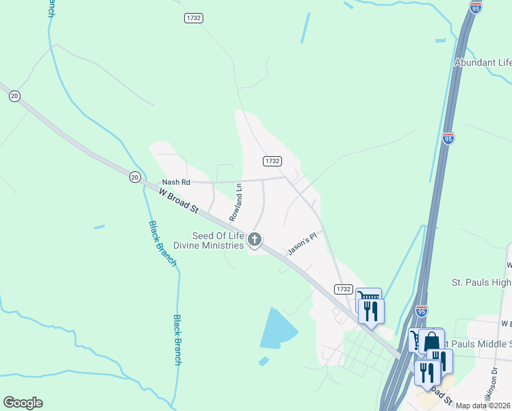 map of restaurants, bars, coffee shops, grocery stores, and more near 165 Willoughby Drive in Saint Pauls